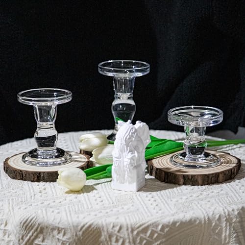 YAKii Clear Glass Candle Holder Set - Elegant Crystal Candlestick Holders for Pillar Taper Candles and Tea Lights - Perfect for Home Decor, Wedding, Christmas and Party - Set of 3