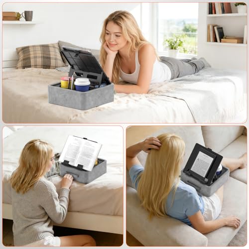 KDD 5 in 1 Tablet Pillow Holder, Foldable Book Stand for Reading with Storage Tray, Pen Slot and 2 Cup Holders, Adjustable iPad Stand for Lap, Bed, Desk and Couch Compatible with Tablet and Book