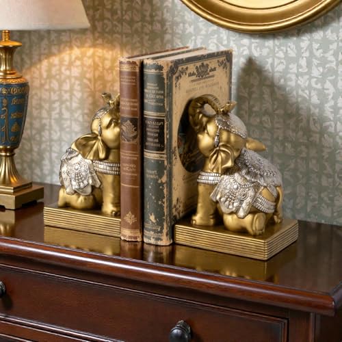 Elephant Book Ends for Shelves, Vintage Decorative Bookends, Book Holders with Anti-Slip Pad for Book Lovers Heavy Book Stopper for Home Office Decor (Gold) - color: Gold