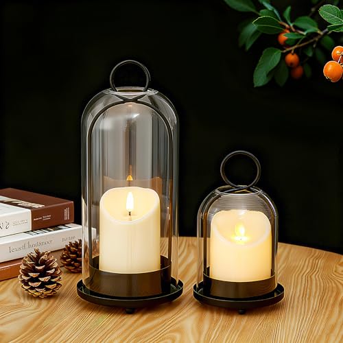 Hurricane Candle Holders Set of 2, 5" & 4" Metal and Glass Candle Lantern with Clear Dome for Pillar Candle, Wedding & Christmas Table Centerpiece, Farmhouse Home Decor (Black, Large & Small) - color: Black