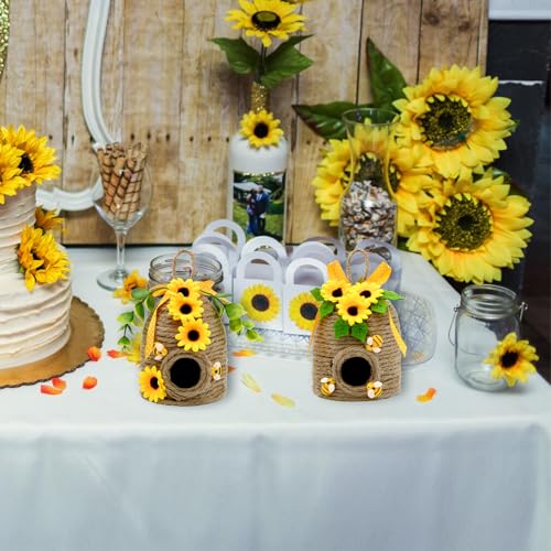 nuvagiki 2 Pack Bee Hive Decor, Farmhouse Bee Decorations with Sunflower, Rustic Bumble Bee Tiered Tray Decor for Kitchen Table, Spring Summer Home Decor