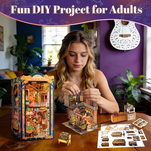 Fsolis Book Nook Kit Día De Muertos - 3D Wooden Puzzles for Adults DIY Miniature House Bookshelf Decor Decorative Bookends Gifts for Women Book Lovers (Plaza de Los Muertos) - style: Plaza de Los Muertos