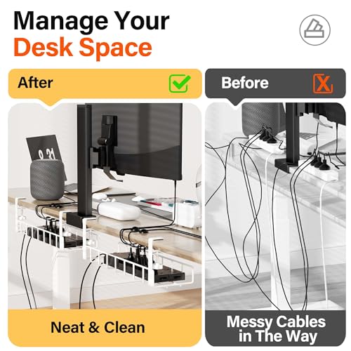 2 Pack Under Desk Tray, 31.4" No Drill Wire Management with Upgraded Clamp, Metal Cord Organizers for Desk, PC Cable Rack, White - color: White, size: 2 Pack (Standard)