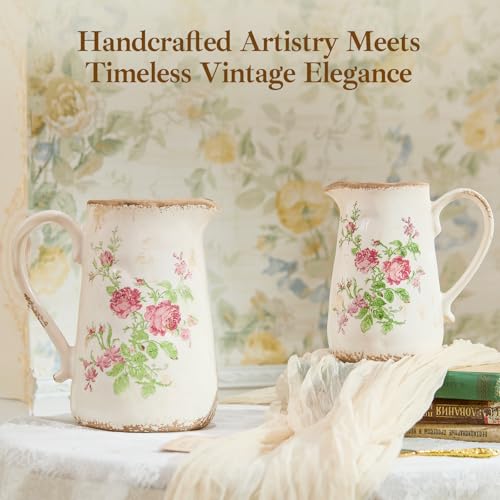Vintage Rose Flora Ceramic Vase with Handle, Retro Ice Glazed Crack Farmhouse Pitcher Vase for Home Decor, Living Room, Shelf, Office, Rustic Table Centerpiece 7 Inch - color: Pink Flora, size: Small Pitcher