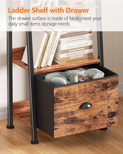 Furologee 6 Tier Ladder Shelf,Ladder Bookshelf with Drawer,Industrial Tall Bookcase,Storage Rack Organizer,Wood Metal Freestanding Shelves for Living Room, Home Office, Bedroom,Rustic Brown - color: Rustic Brown, size: 6-Tier, 15" W