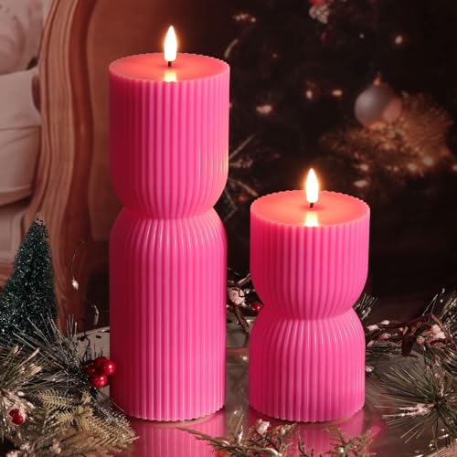 Hot Pink Ribbed Flameless Pillar Candles with Remote, Real Wax Flickering Battery LED Candles Set of 2 - color: Hot Pink