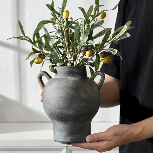 LUKA Antique Ceramic Vase with 2 Handle,7.28 inches Rustic Vase Minimalist Decor, Decorative Vases for Home Decor, Table, Living Room, Shelf, Christmas Decoration(Medium,Black) - color: M-black-(7.28 In)