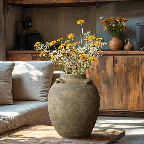 LuxenHome Rustic Ceramic Flower Vase,15 Inch Tall Brown Terracotta Cauldron Vase for Living Room Decor，Large Floor Vase Home Décor Accents,Round Vintage Pottery Vases Home Decor - size: Large