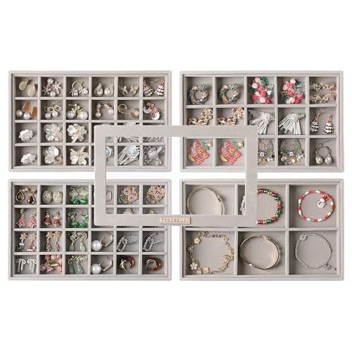 Frebeauty Earring Holder Stackable Jewelry Trays,Velvet Drawer Jewelry Organizer with Glass Lid, 5 in 1 Jewelry Box for Earrings Rings Studs,10.5 x 6.5 x 5.55 Inches Gift for Women (Grey) - color: Grey, size: Set5-B