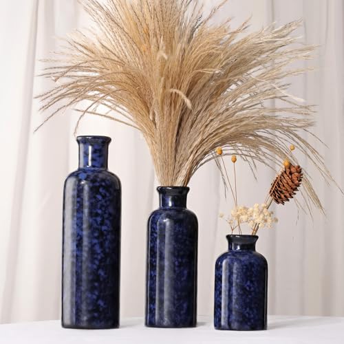Small Blue Ceramic Vase Set of 3, Boho Modern Flower Vase Room Decor, Farmhouse Decor, Vases for Your Kitchen, Bathroom, Bedroom, Living Room, Office&Shelf Centerpiece Table Decorations - color: Blue