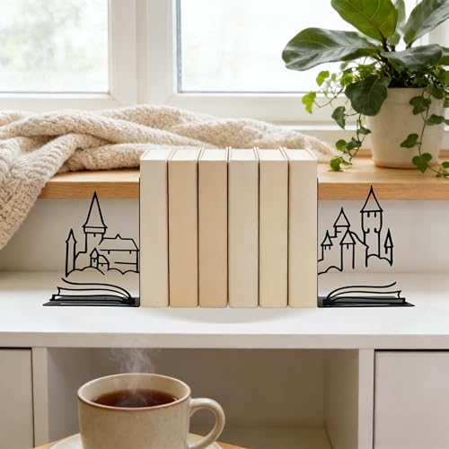 Matte Black Iron Decorative Bookends for Shelves, Fantasy Castle Book Ends for Heavy Books, Unique Vintage Bookends for Kids Books, Metal Book Holders for Bookshelf Decor - color: Fantasy Castle