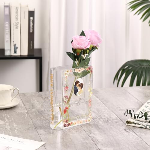 Book Vase for Flowers, Glass Book Shaped Vase, Clear Flower Vases, Large Glass Vases for Home, Office, Bedroom, Living Room, Dining Table, Bookshelf(Pride) - color: Pride&prejudice, size: Glass-7.8"