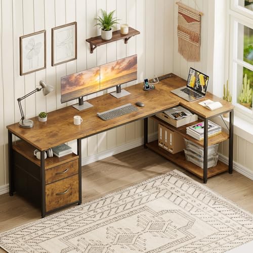 AODK 63 inch L Shaped Computer Desk with Drawers, Reversible Computer Desk with Storage Shelves, Home Office Desk with Built-in Power Outlet, Rustic Brown - color: Rustic Brown, size: 63 Inch
