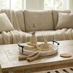 13" Round Decorative Wood Tray with Handles, Whitewashed Farmhouse Coffee Table Decor for Living Room, Entryway & Kitchen Island, Includes Bead Garland, Giftable Home Decor