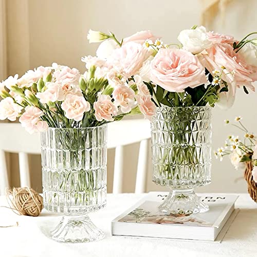 BLOFLO Embossed Glass Vase, 7'' Crystal Glass Vases, Pedestal Big Base Glass Bouquet Vase, Hydroponic Glass Transparent Vase for Home Office Wedding Dining Table Party (Ribbed Pattern) - color: Ribbed Pattern