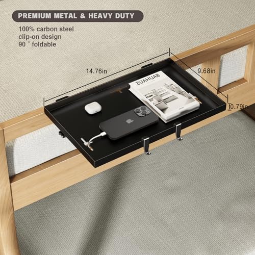 Magheo Foldable Bedside Shelf, Metal Clip-On Bunk Bed Table Shelf for Top Bunk Heavy Duty Bed Side Table Tray for College Dorm Room Essentials, Loft Nightstand Organizer Tray with 3 Cord Hole(Black) - color: Black, size: 14.76" x 9.68" x 0.79"