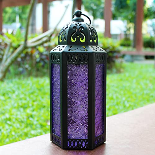 CVHOMEDECO. Decorative Candle Lantern Moroccan Lanterns Vintage Black Metal Lantern Holder for Home Patio Outdoor Decor. Purple Glass, Medium - color: Purple