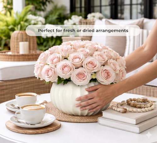 Pots & Patterns 11" Large White Ceramic Flower Vase - Modern Ribbed Low Profile Centerpiece for Dining Table & Home Decor