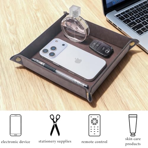 Valet Tray Desktop Storage Organizer – Premium PU Leather Catchall Bedside Vanity Tray Nightstand Caddy Holder for Remote Controller, Keys, Phone, Wallet, Coin, Jewelry,Brown - color: Brown
