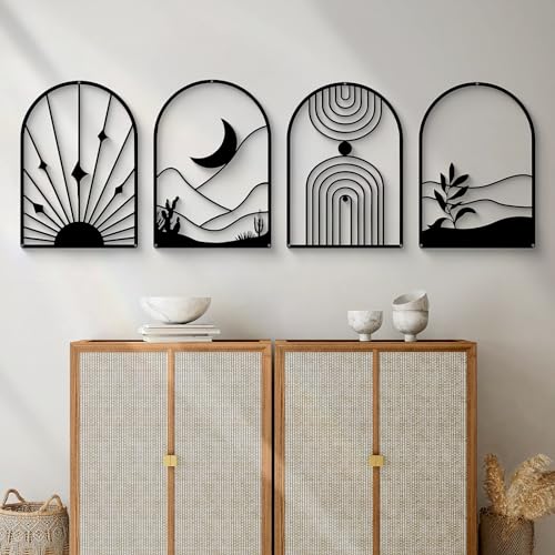 Glamativity 4 Pack Black Abstract Metal Wall Art, Minimalist Décor Single Line Art Wall Décor, 3D Textured Metal Wall Sculptures, for Living Room Bedroom Bathroom Study Room (Black Boho, L Size 22.5 x 15.7'') - color: Black Boho, size: L Size 22.5 x 15.7'