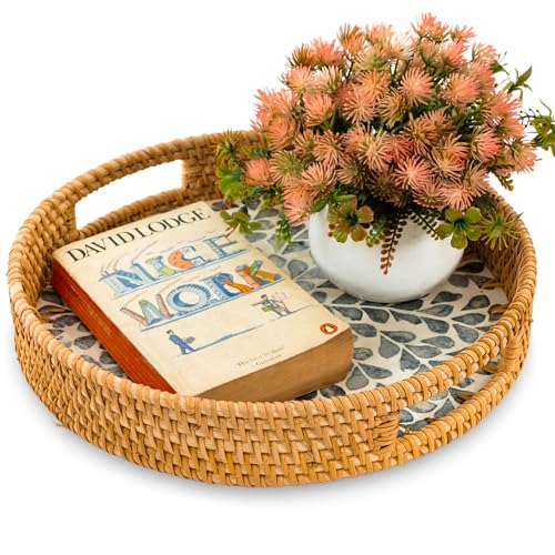 KOLWOVEN Round Rattan Tray with Handle, Rattan Serving Tray with Mother of Pearl Inlay Wooden Base (White- Black Leaves) - color: White- Black Leaves