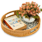 KOLWOVEN Round Rattan Tray with Handle, Rattan Serving Tray with Mother of Pearl Inlay Wooden Base (White- Black Leaves) - color: White- Black Leaves