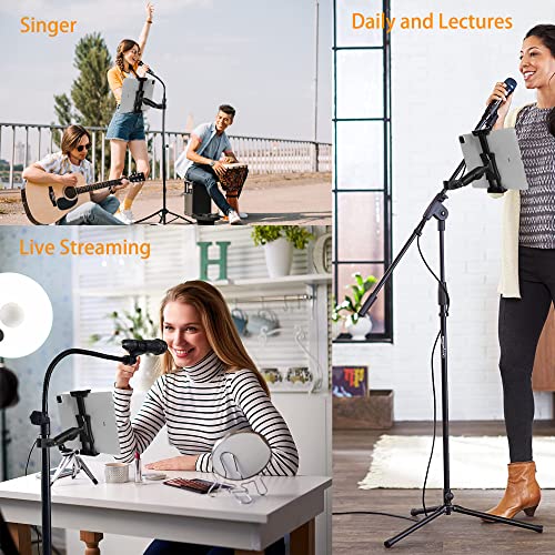 Ipad Holder for Mic Stand, Tablet Phone Holder Micophone Music Stand Mount Adjustable Rotatabe with Super Handle Clamp for iPad Pro 12.9 Air Mini, Android, 4 to 13.5inch iPhones and Tablets