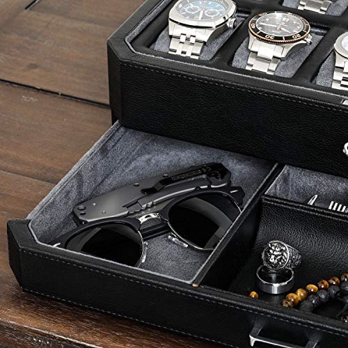 ROTHWELL 12 Slot Leather Watch Box with Valet Drawer - Luxury Watch and Jewelry Case Display Organizer, Microsuede liner, Mens Locking Storage Holder Large Glass Top (Black/Grey) - color: Black / Grey