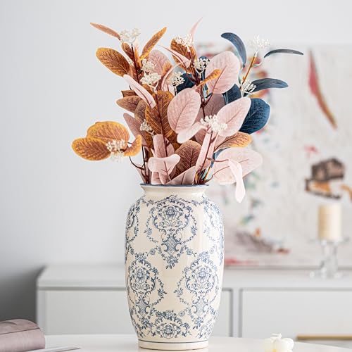 Blue and White Vase, Vintage Blue Ceramic Flower Vessel,Ceramic vases for Home Decor,Vintage Vase for Home Decor, Living Room, Shelf, Office, Rustic Table Centerpiece (Blue and white-01, Large) - color: Blue and White-01, size: Large