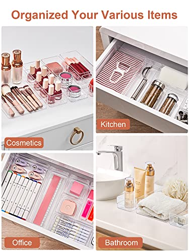 SMARTAKE 22-Piece Drawer Organizer with Non-Slip Silicone Pads, 4-Size Clear Desk Drawer Organizer Trays Storage Tray for Makeup, Jewelries, Utensils in Bedroom Dresser, Office and Kitchen, Clear - size: Large
