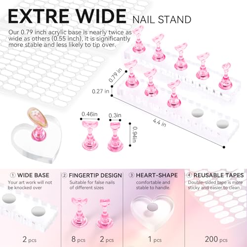 Nail Stand For Press On Acrylic Strong Magnetic Nail Holder Kit For Painting Nails Tip Arts Display With 200PCS Double-Sided Tape And 1 Heart Shaped Acrylic Magnetic Presson Stand (Clear And Pink, Medium) - color: Clear And Pink, size: Medium