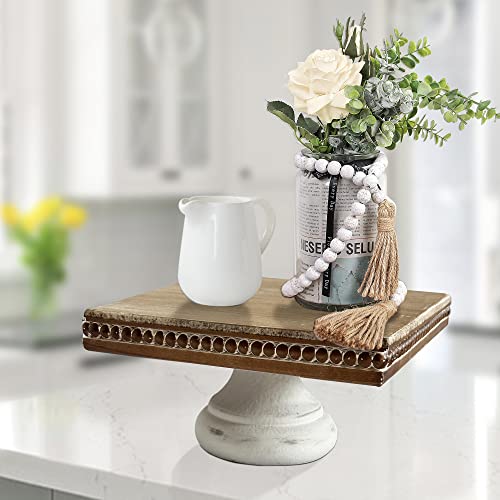 dwellington White Wash Display Wood Riser, 8.25 inch Shabby Chic Pedestal Tray Decor with Beads, Farmhouse Display Stands for Coffee Bar, Bathroom, Kitchen Island (Square)