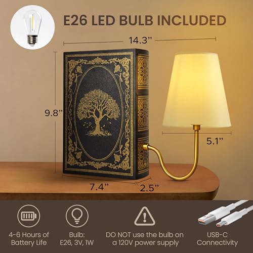 AELS Vintage Bookshelf Lamp with Bulb, Cordless Touch Dimmable Table Lamp with Linen Fabric Shade, Battery Operated, Modern Farmhouse, Book Sconce for Office Home Bedroom, Tree of Life Black & Gold - color: Tree of Life Black, size: Rechargeable Model