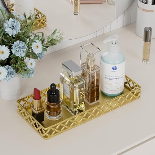 Bathroom Vanity Tray for Counter Organizer - 11 Inch Small Decorative Tray Gold Rectangle Countertop Tray for Perfume Makeup Cosmetic Jewelry - color: Rectangle Floral-gold