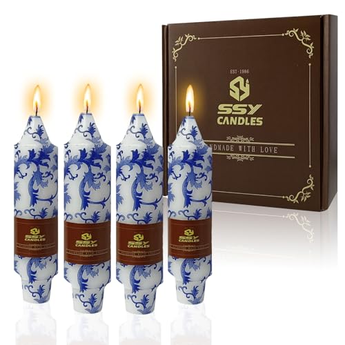 NJAO HOO Floral Taper Candles 5 Inch Short Candlesticks Hand Printed Blue and White Candlesticks Unscented Tapered Candle Set for Spring Home Garden Decor, 4Pcs - color: Blue White, size: 5 In