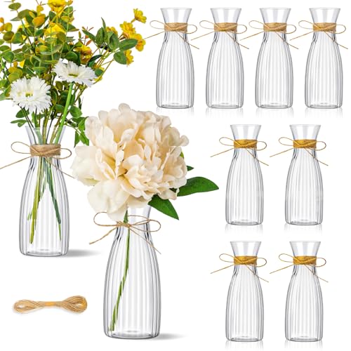10 Pcs Plastic Flower Bud Vases Bulk with Twines Ropes Small Mini Flower Vases for Centerpieces Decorative Plastic Bottles for Wedding Reception Dining Table Home Decoration (Transparent) - color: Transparent