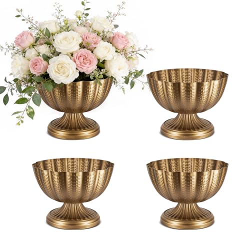 Large Gold Vases for Centerpieces: Vintage Gold Flower Vase for Wedding 6.5 Inch Brass Compote Bowl Vase Metal Pedestal Urn with Plastic Liner for Anniversary Party Home Set of 4 - size: 6.5 Inches - 4 Pcs