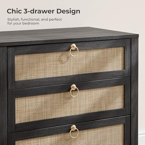 SICOTAS Night Stand with Drawers, Large Rattan Bedside Table with Golden Handle, 3 Drawers Nightstand Tall End Table Side Table Boho Nightstand for Bedroom - color: Obsidian