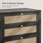 SICOTAS Night Stand with Drawers, Large Rattan Bedside Table with Golden Handle, 3 Drawers Nightstand Tall End Table Side Table Boho Nightstand for Bedroom - color: Obsidian