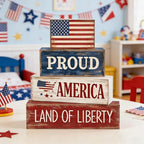 4Pcs 4th of July Decorations Red White and Blue Wood Blocks Patriotic Tiered Tray Decor Farmhouse Style Table Centerpiece for Office Memorial Day Shelf 250th Anniversar - style: Americana