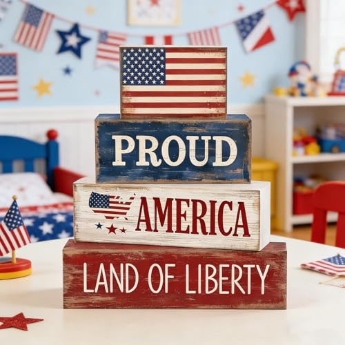 4Pcs 4th of July Decorations Red White and Blue Wood Blocks Patriotic Tiered Tray Decor Farmhouse Style Table Centerpiece for Office Memorial Day Shelf 250th Anniversar - style: Americana