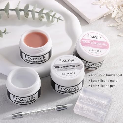Fcozpjk Hard Gel for Nails, 4 Colors Solid Builder Gel Kit with Silicone Carving Mold Clear Pearly White Brown Nude Pink 3D Sculpting Gels Flower Charms DIY Modeling Design Nail Salon Supplies - color: 01-02-03-04-mold
