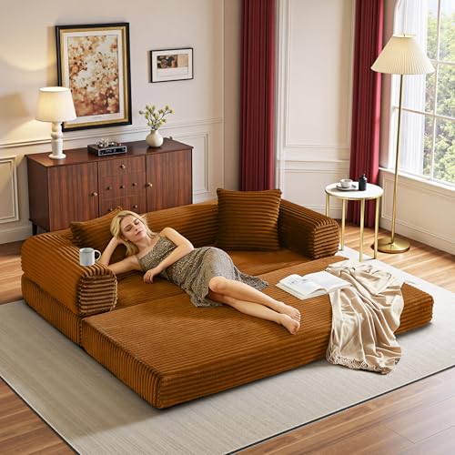 Boneless Couch Versatile Couches for Living Room No-Install Sofa Bed Corduroy Futon Soft Cloud Couch with Pillows for Bedroom Game Movie (Orange, 76") - color: Orange