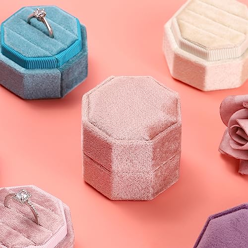 WantGor Velvet Ring Box, 3 Slots Jewelry Ring Gift Box Vintage Ring Display Holder Case for Wedding Ceremony Proposal Engagement (Blush Peach) - color: Blush Peach