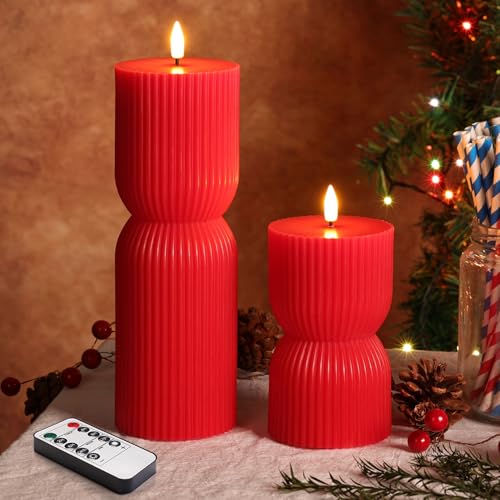 Red Ribbed Flameless Pillar Candles with Remote, Battery LED Wax Candles Flickering Valentines Day Decor Gift Set of 2 - color: Red