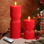 Red Ribbed Flameless Pillar Candles with Remote, Battery LED Wax Candles Flickering Valentines Day Decor Gift Set of 2 - color: Red