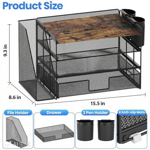 OPNICE Wood Desk Organizers and Accessories, 4-Tier Desktop File Organizer with Drawer and 2 Pen Holders, Office Desk Accessories Workspace Organizers for Office Supplies(Wood) - color: Wood, size: 4-Tier