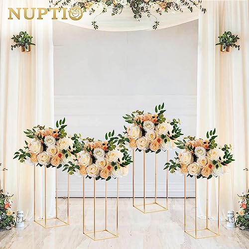 Nuptio Wedding Centerpieces Gold Vases: 2 Pcs 23⅝ inch Tall Flower Stand Metal Floor Vase Column Geometric Centerpiece Stands Rectangular Display Rack for Weddings Party Decoration - size: 23⅝" H x 2 Pcs