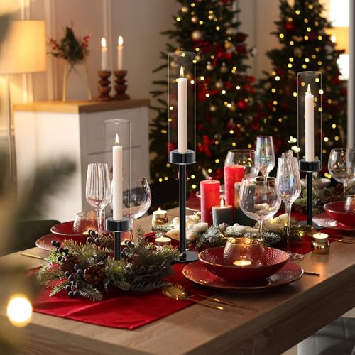 Black Hurricane Glass Candle Holders Set of 3, Tall Metal Taper Candle Stick Holder, Clear Candlestick Holders, Table Centerpieces Decor for Dining Dinner, Weddings, Christmas Fireplace Decorations - color: Black