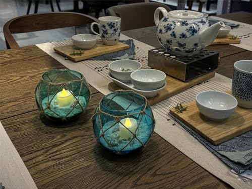 SAILINGSTORY Glass Fishing Float Tealight Candle Holder Nautical Coastal Beach Decor Teal and Blue Set of 2 Pack - color: Teal and Blue
